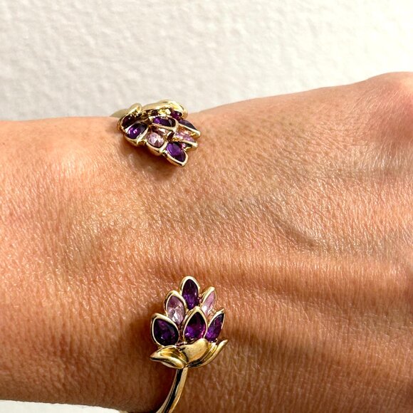Designer Purple Lavender Crystal Rhinestone Lotus Flower Cuff Bracelet Gold Tone - Picture 3 of 14